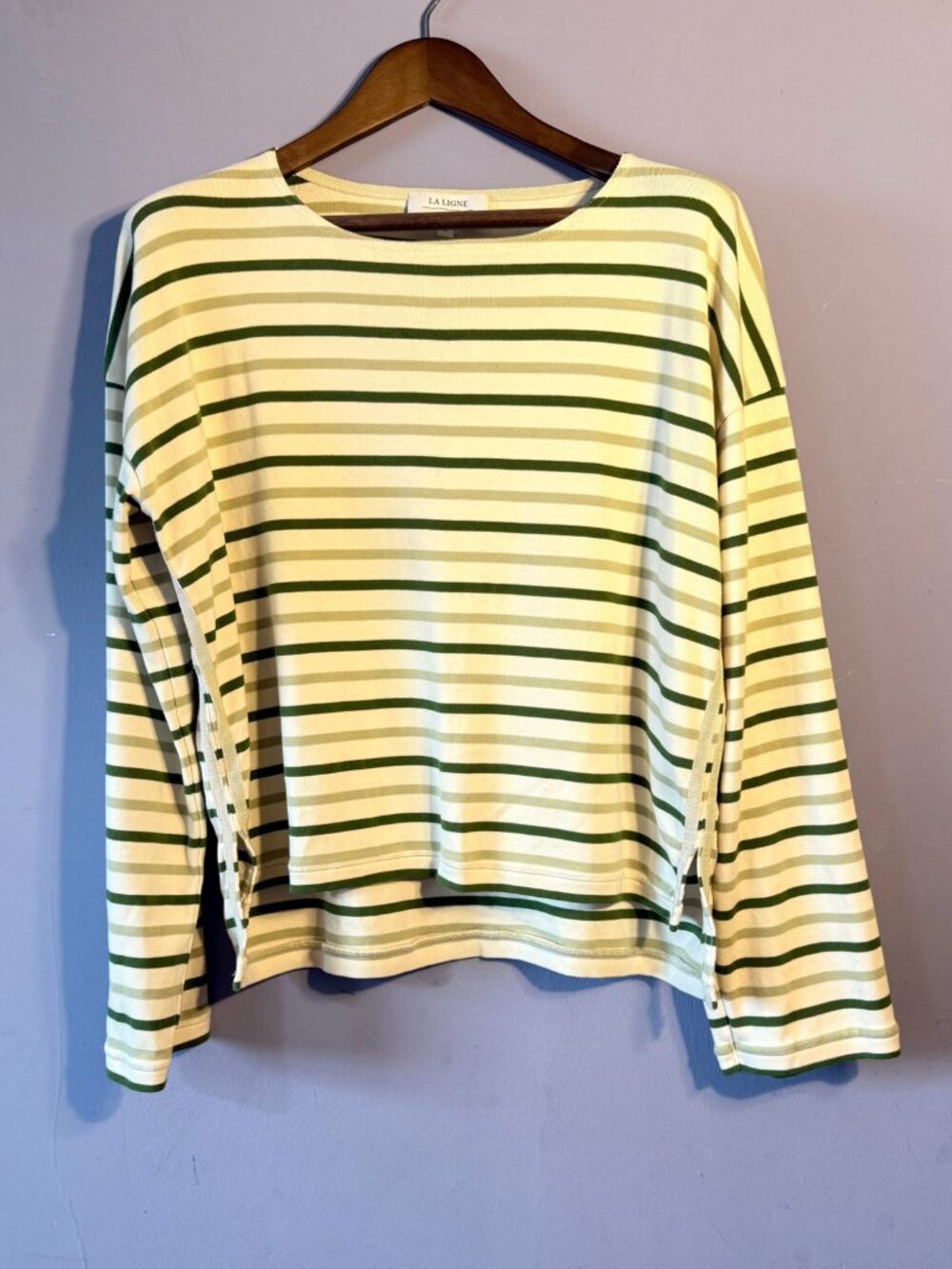 La Ligne Breton Long Sleeve Tee Ecru Cactus Celadon Green Stripe Cotton L